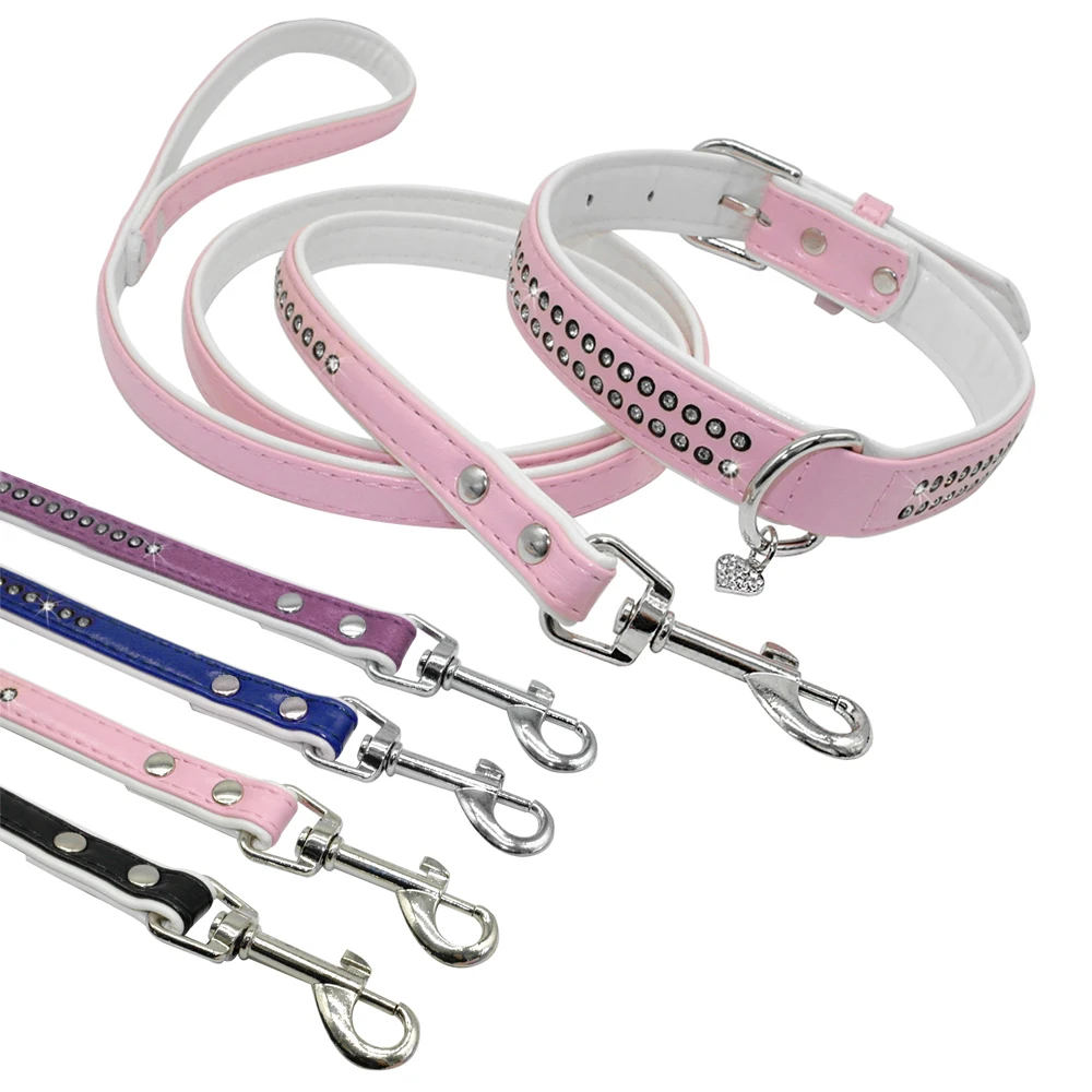 Dog PU Leather Collar Leash Lead Set w/ Rhinestone Pendant Pink