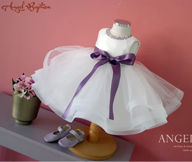 

Bling purple beads sash Flower Girl Dress infant christening dresses baptism gown ball gown tea-length baby 1 year birthday gown
