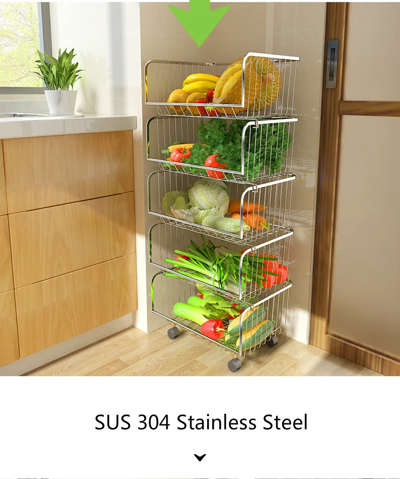 Estante de cocina de acero inoxidable 304, gran capacidad, cesta para