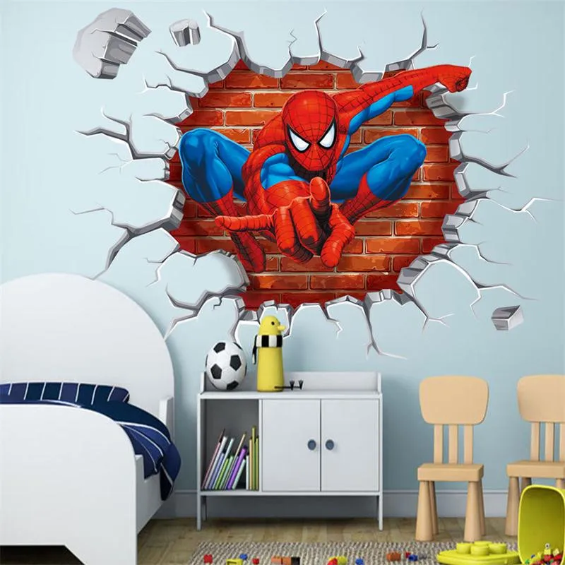 45*50cm hot 3d hole famous cartoon movie spiderman wall stickers for kids rooms boys gifts through wall decals home decor mural