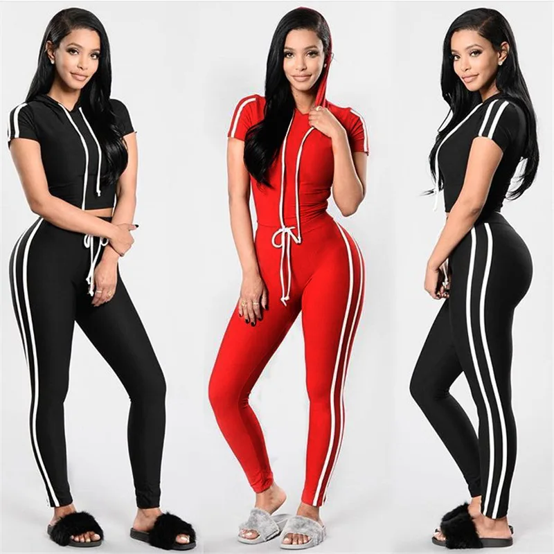 Red Black 2 Piece Sets Yoga Hooded Short Sleeve Crop Top Sweat Pants Set Sports Suits Outfit Athletic Women Sportswear Tracksuit | Спорт и