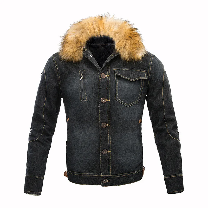 

MORUANCLE New Men's Winter Warm Ripped Denim Jacket Fleece Lined Thick Thermal Distressed Jean Jackets And Coats With Fur Collar
