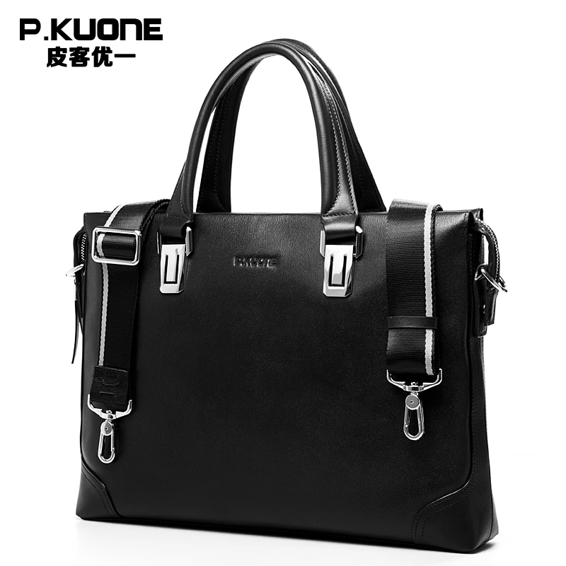 

P.KUONE Brand Design Genuine Cow Leather Briefcase Business Men Leather Handbag Crossbody Laptop Bag Shoulder Messenger Bags