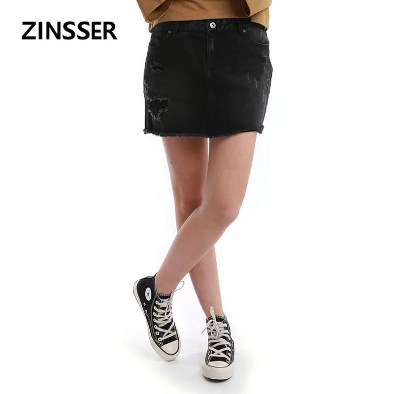 

Autumn Winter Women Denim Fancy Skirt A Line Casual Raw Frayed Bottom Destroyed Blue Black Ripped Female Lady Skirt ZS002SK