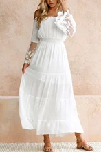Vestido Sexy de verano para mujer vestido de verano de manga larga de encaje blanco bohemio de mujer vestido de fiesta Casual de playa con cuello barco vestido de mujer(China)