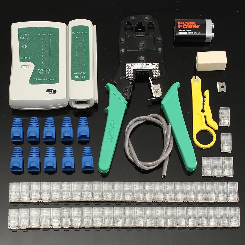 63PCS RJ45 Cat5e Cat6 Ethernet LAN Repair Tool Kit Cable Tester Crimper Crimping Tool Wire Stripper Set 
63PCS RJ45 Cat5e Cat6 Ethernet LAN Repair Tool Kit Cable Tester Crimper Crimping Tool Wire Stripper Set