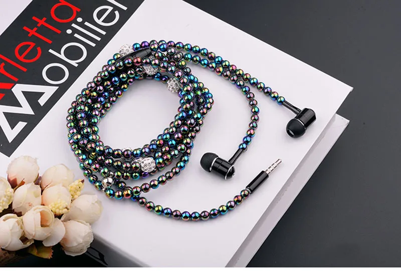 2017 Pink girl Rhinestone Jewelry Pearl Necklace Earphones With Mic 3.5mm Earbuds For Xiaomi Huawei Brithday Gift fone de ouvido 2 (2)