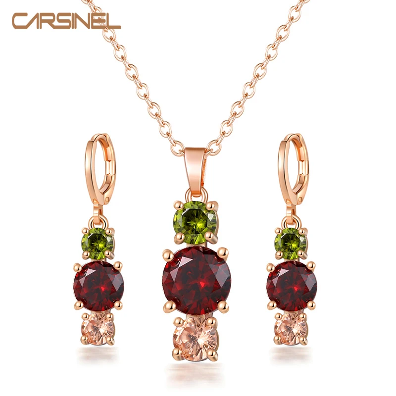 CARSINE Fashion Round Bridal Jewelry Sets For Woman Multicolor Cubic zirconia Pendant Necklace Earrings Wedding Party Gift
CARSINE Fashion Round Bridal Jewelry Sets For Woman Multicolor Cubic zirconia Pendant Necklace Earrings Wedding Party Gift