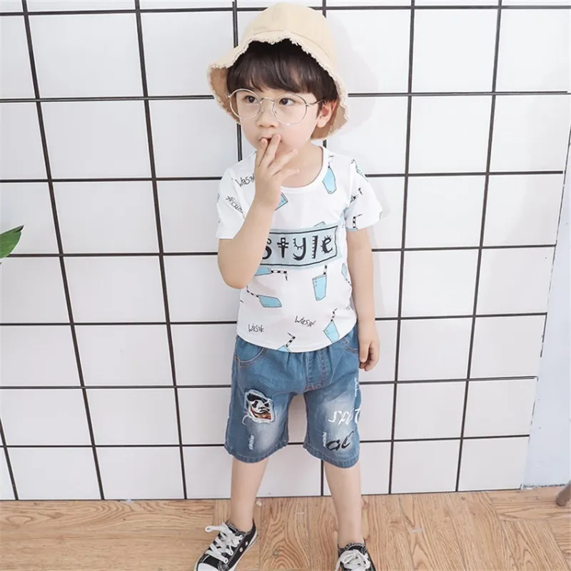 Boys summer clothes sets new 2019 fashion cotton cartoon t-shirt+denim shorts 2pcs for children boys casual tracksuits outfits |