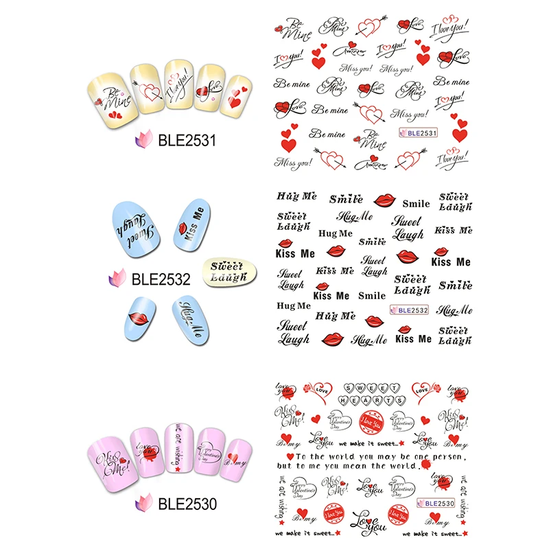 Nail Sticker Water Decal Letter Hearet Love Kiss Me Valentine Mixed Pattern Nail Art Transfer Sticker Decoration
Nail Sticker Water Decal Letter Hearet Love Kiss Me Valentine Mixed Pattern Nail Art Transfer Sticker Decoration