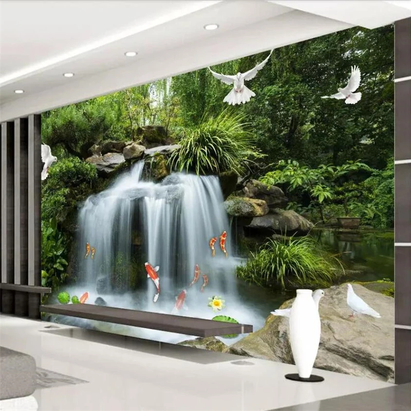 

beibehang Wallpaper custom living room murals flowing water wealth waterfall squid lotus pigeon background decorative painting