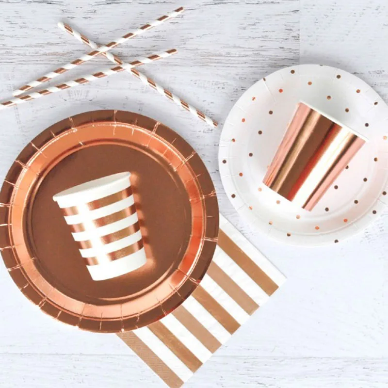 Rose Gold Striped Party Disposable Paper Plate Cups Straws Napkins Snack Gift Bags Bride Shower Baptism Anniversary Party
Rose Gold Striped Party Disposable Paper Plate Cups Straws Napkins Snack Gift Bags Bride Shower Baptism Anniversary Party
