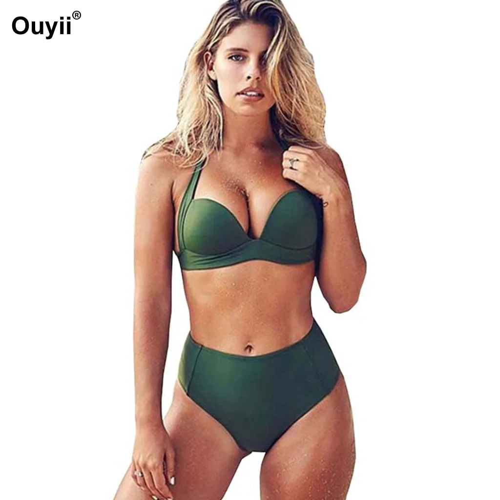 2019 High Waist Bikini Fashion Sexy Solid Color Hard Pack Swimsuit Beach Retro |