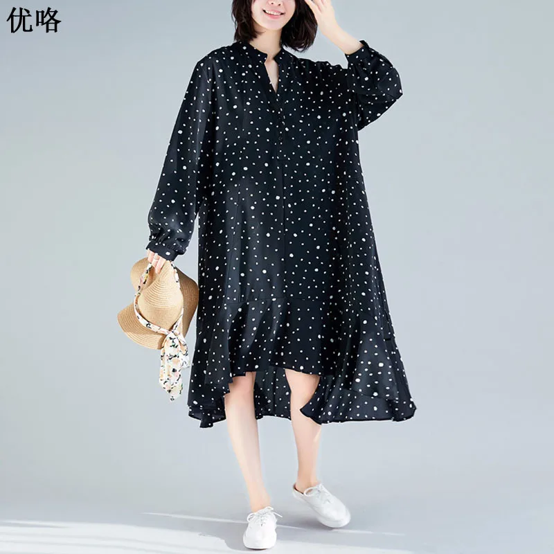 Plus Size Cotton Shirt Dresses Office Polka Dot Vintage Women Dress 2019 Summer Casual Loose Black Ruffle Hem Midi Dress Female
Plus Size Cotton Shirt Dresses Office Polka Dot Vintage Women Dress 2019 Summer Casual Loose Black Ruffle Hem Midi Dress Female
