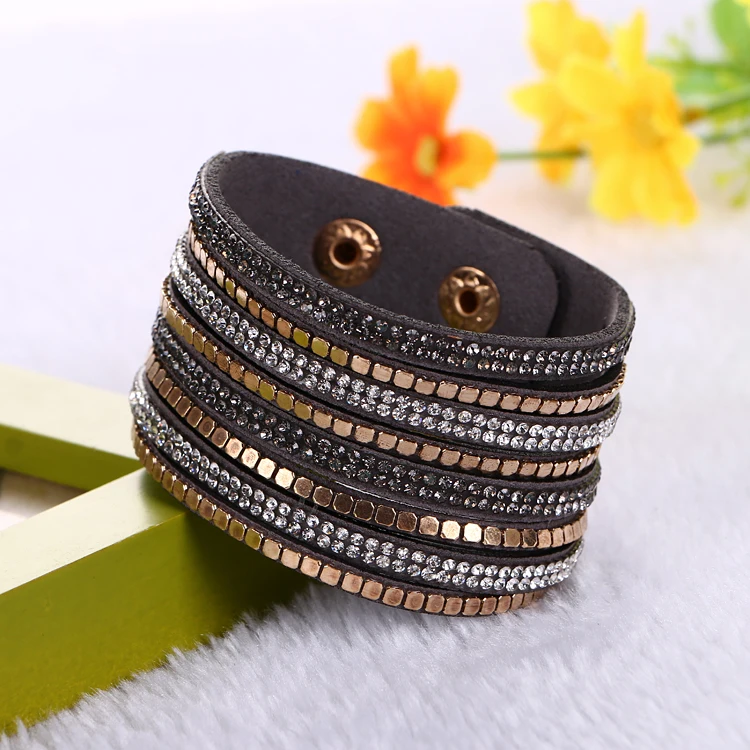 Image Crystal Rhinestone Artificial Leather Bracelet Crystal Wide Braclet with Sheet Copper Design