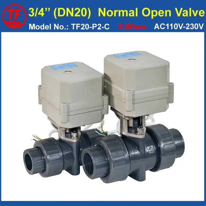 

TF20-P2-C PVC DN20 BSP/NPT 3/4'' AC110V-230V 5 Wires Normal Open Valve 10NM On/Off 15 Sec Metal Gear For Water Application CE