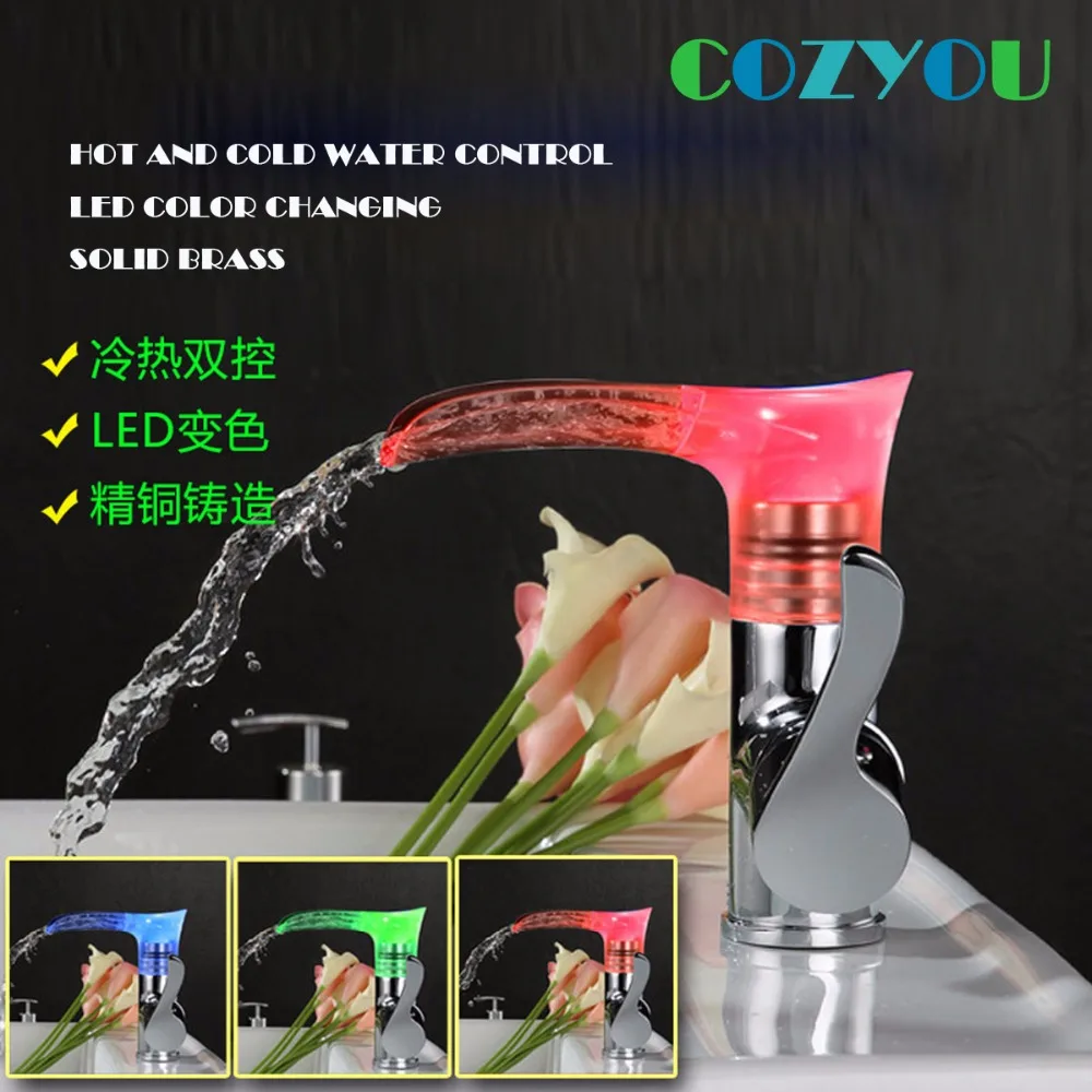 

Temperature-controlled color changing waterfall faucet anti-hot water led faucet tri-color luminous washbasin faucet