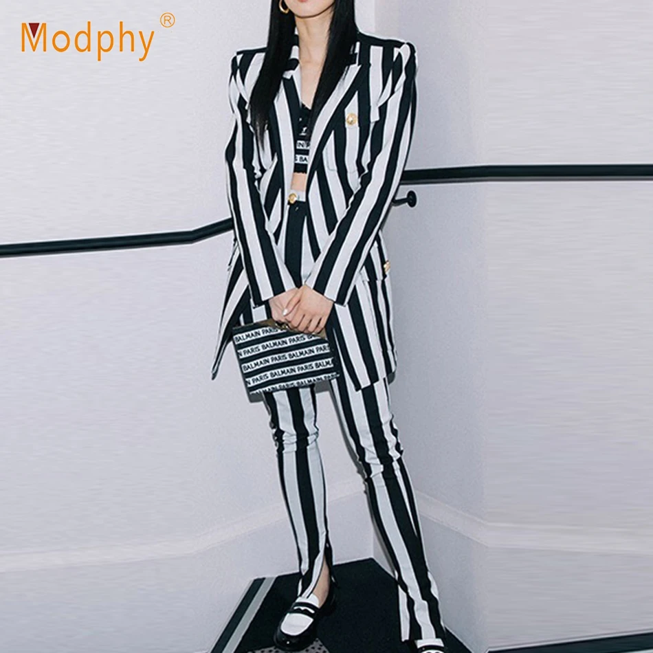 Winter Women's Set No Button Black White Vertical Stripe Long Sleeve Lapel Jacket & Pants 2 Piece Fashion Celebrity Party Set
Winter Women's Set No Button Black White Vertical Stripe Long Sleeve Lapel Jacket & Pants 2 Piece Fashion Celebrity Party Set