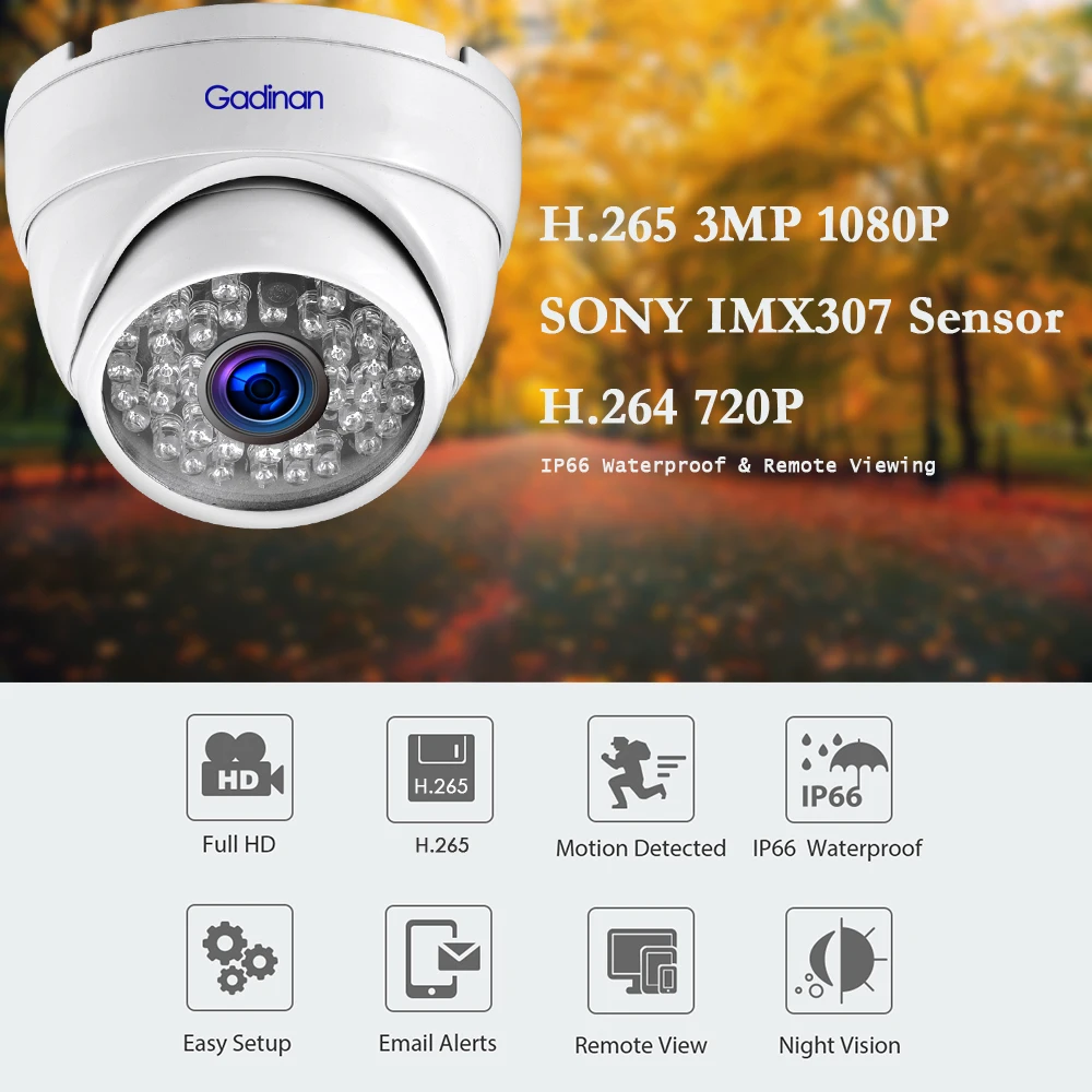 IP камера Gadinan SONY IMX307 3 Мп 1080P H.265AI антивандальная купольная 720P для наружного и