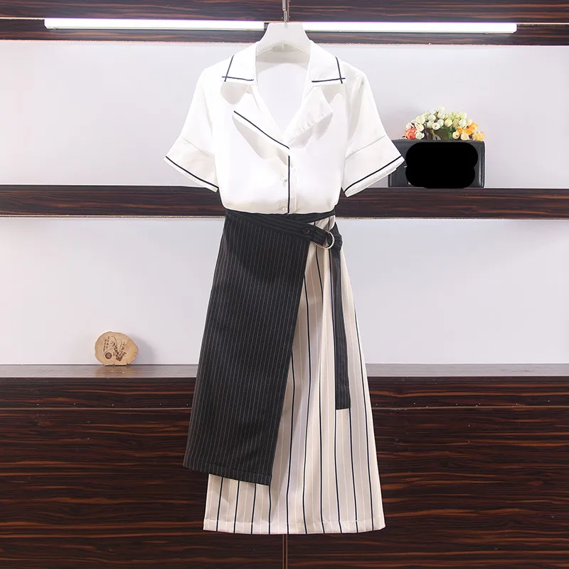 Summer Office 2 Piece Set Women Short Sleeve White Blouse Top + Striped Patchwork Lace-up Skirt Two Piece Set Plus Size 5XL Suit
Summer Office 2 Piece Set Women Short Sleeve White Blouse Top + Striped Patchwork Lace-up Skirt Two Piece Set Plus Size 5XL Suit