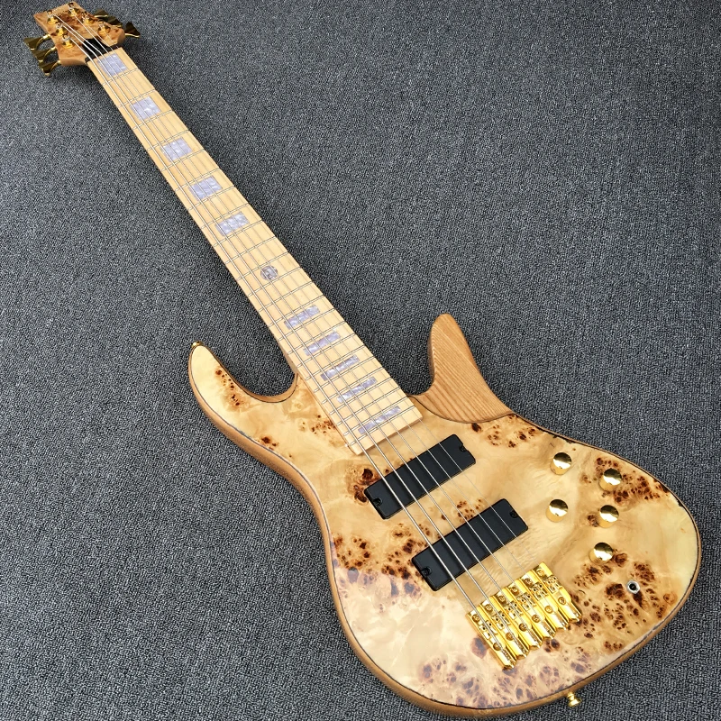 Solid Ash Body 6 string Electric Bass Guitar w/ Natural Color Burl wood top,Maple Neck & Fretboard, Active pickups,Gold Hardware
Solid Ash Body 6 string Electric Bass Guitar w/ Natural Color Burl wood top,Maple Neck & Fretboard, Active pickups,Gold Hardware
