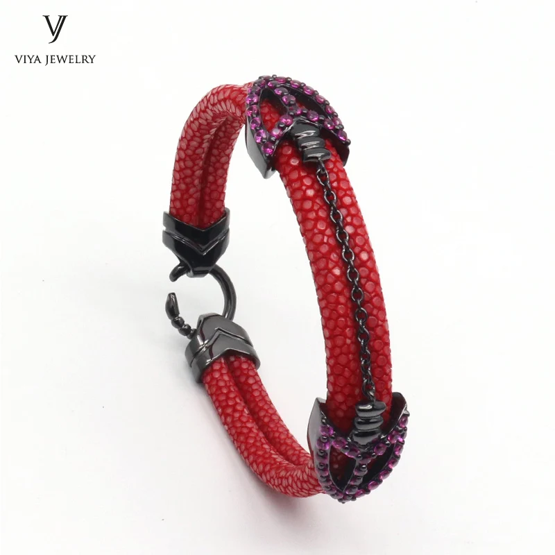 luxury 925 silver arrow bracelet with real stingray & python leather with zircon (8)