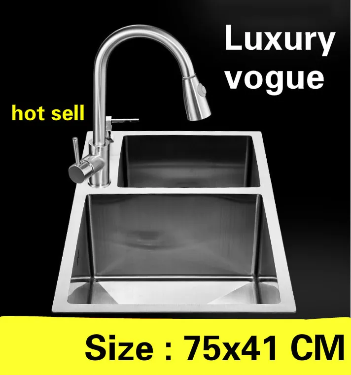 

Free shipping Apartment kitchen manual sink double groove do the dishes standard 304 stainless steel hot sell vogue 75x41 CM