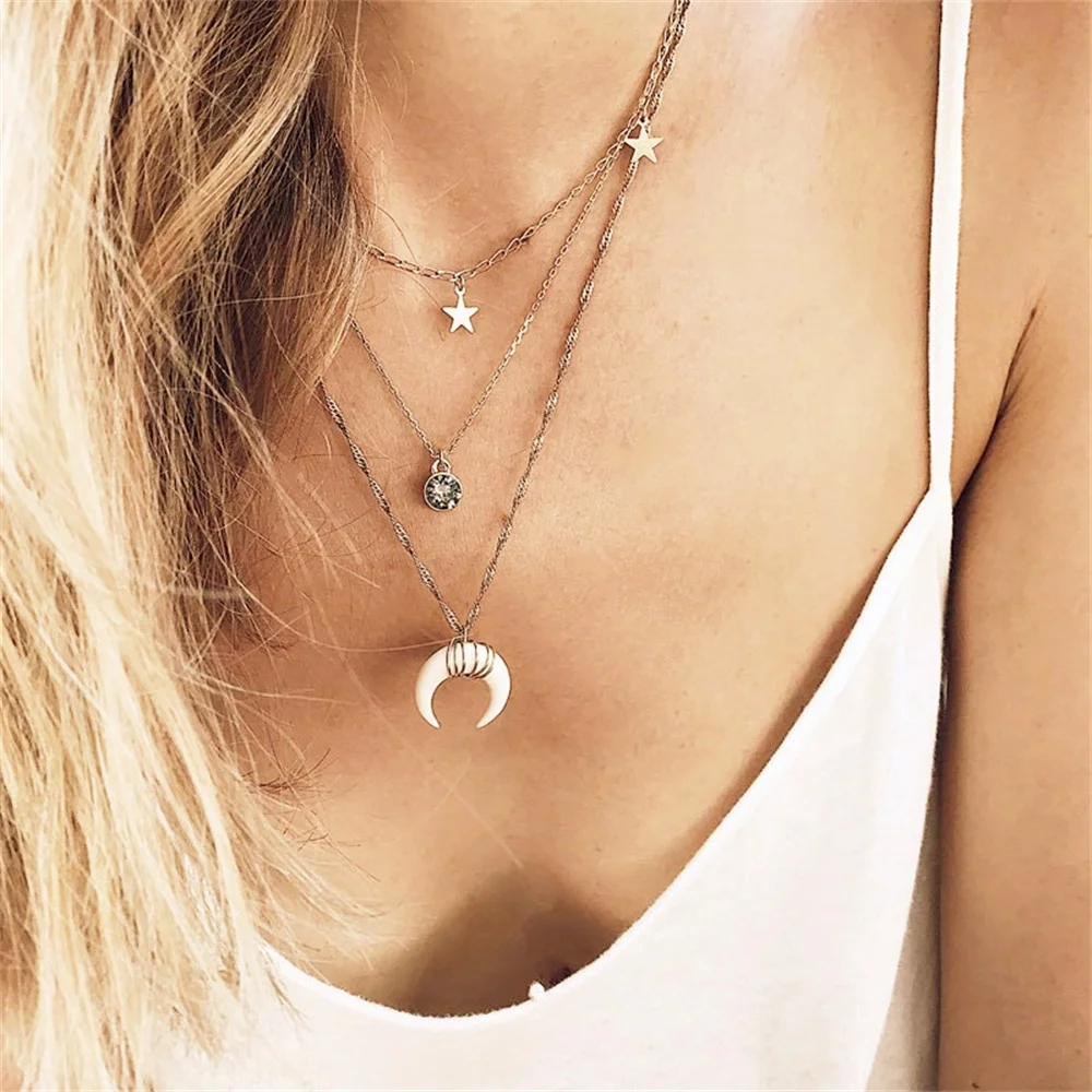 IFMIA Bohemian Style Female Gold Multi-layer Chain Five-pointed Star Crescent Moon Pendant Necklace Popular Crystal Jewelry Gift
IFMIA Bohemian Style Female Gold Multi-layer Chain Five-pointed Star Crescent Moon Pendant Necklace Popular Crystal Jewelry Gift