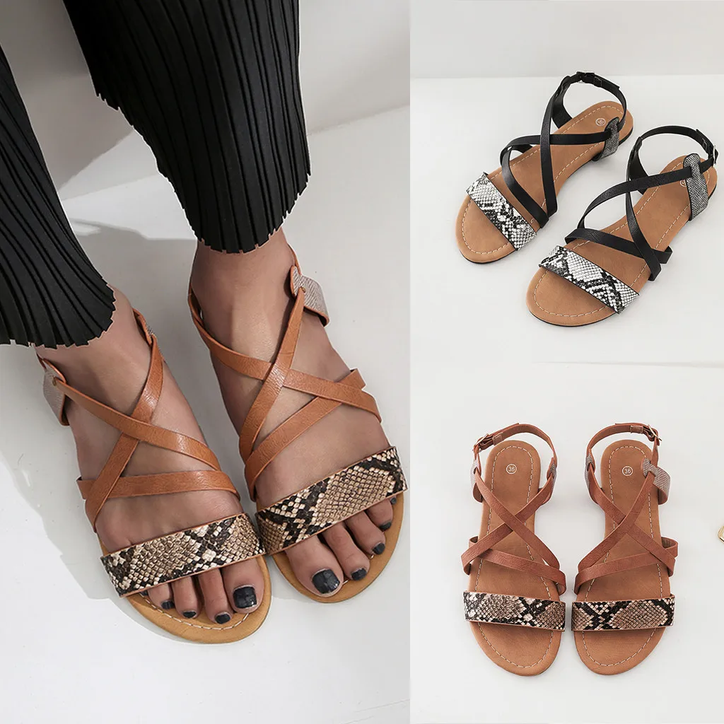 Cross strap Ladies Roman Sandals Womens Fashion Snakeskin Flats Shoes Open Toe Animal Prints Buckle Strap Large size 36-43 
Cross strap Ladies Roman Sandals Womens Fashion Snakeskin Flats Shoes Open Toe Animal Prints Buckle Strap Large size 36-43
