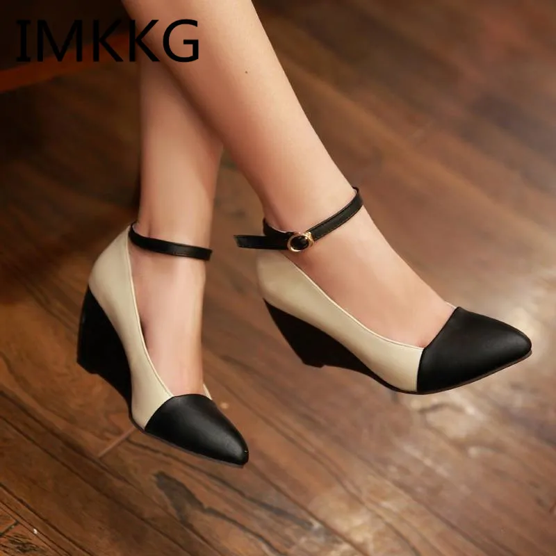 

Fashion Ladies New Pointy Toe Ankle Strappy Womens Wedge Heel Shoes Female Contrast Color Mary Janes Pumps Plus Size 43 V809