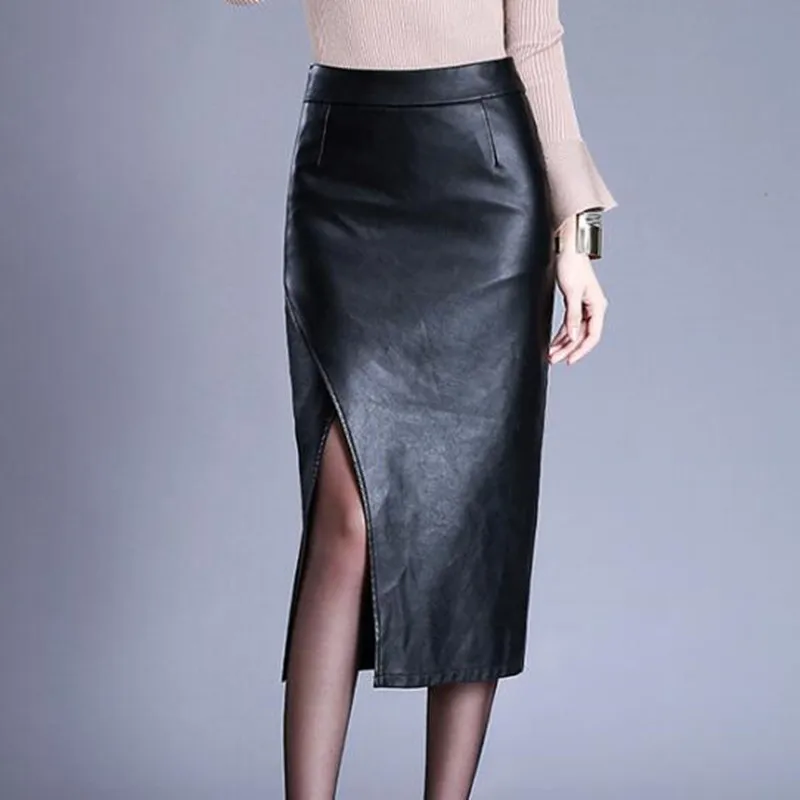 High Quality PU Leather Pencil Skirts High waist Split Fork Leather Skirt Autumn Faux Synthetic Leather Bodycon Office Skirt
High Quality PU Leather Pencil Skirts High waist Split Fork Leather Skirt Autumn Faux Synthetic Leather Bodycon Office Skirt