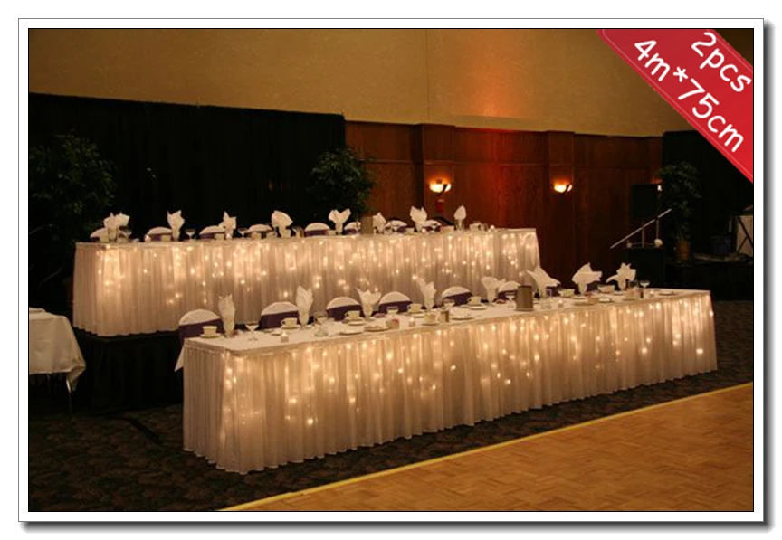 2pcs/lot 4m*75cm Wedding Decoration Ice Silk Fabric Table Skirt In Ruffled Design With Metal Clips
2pcs/lot 4m*75cm Wedding Decoration Ice Silk Fabric Table Skirt In Ruffled Design With Metal Clips