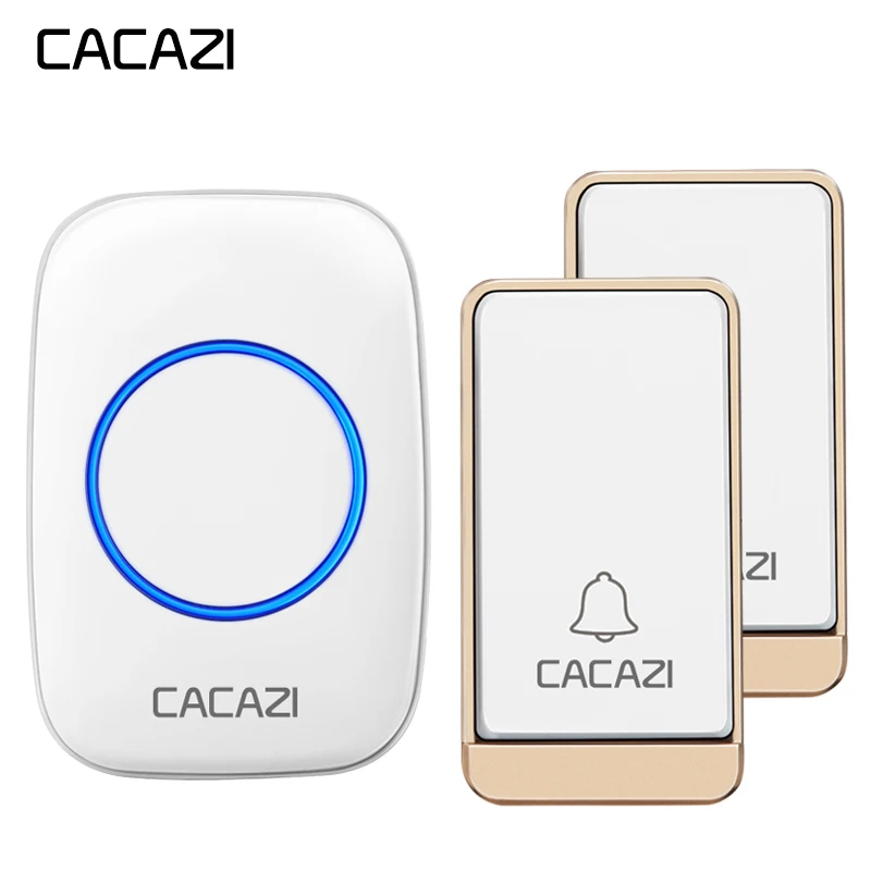 

CACAZI Self-powered Wireless Doorbell Waterproof No battery 2 Button 1 Receiver LED light EU Plug Cordless DoorBell 200M Remote