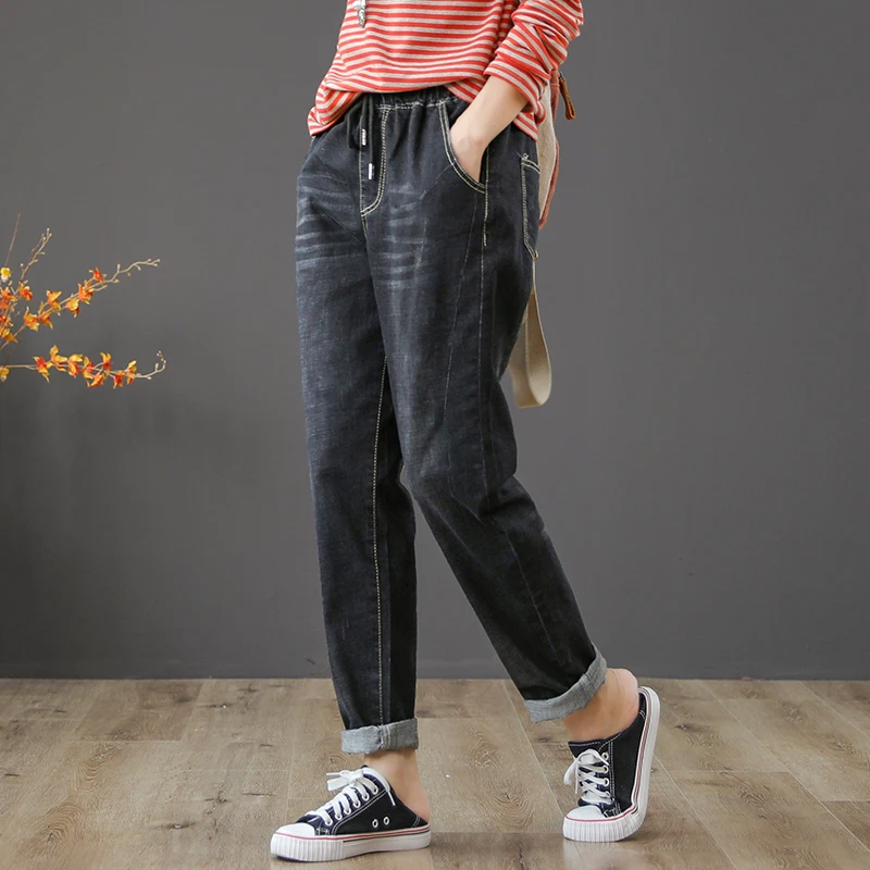 2019 Jeans Mujer High Waist Woman Full Length Cross Pants Loose Softener Vintage Scratched Washed Bleached Pockets Cotton |
