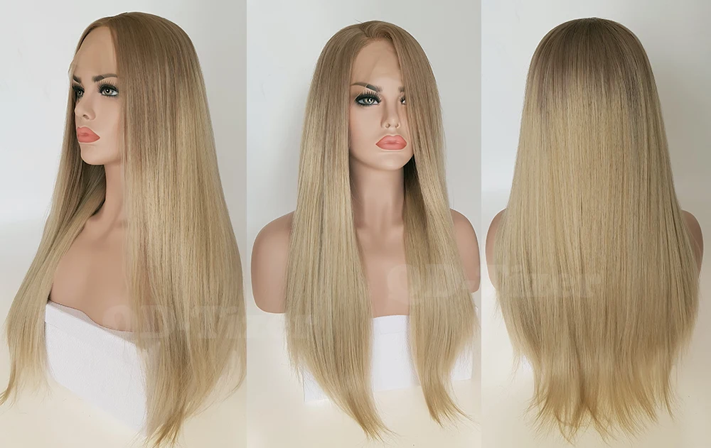 QD-Tizer Blonde Hair Long Silky Straight Ombre Blonde Color Lace Front Wig Glueless Dark Root Synthetic Lace Front Wigs7