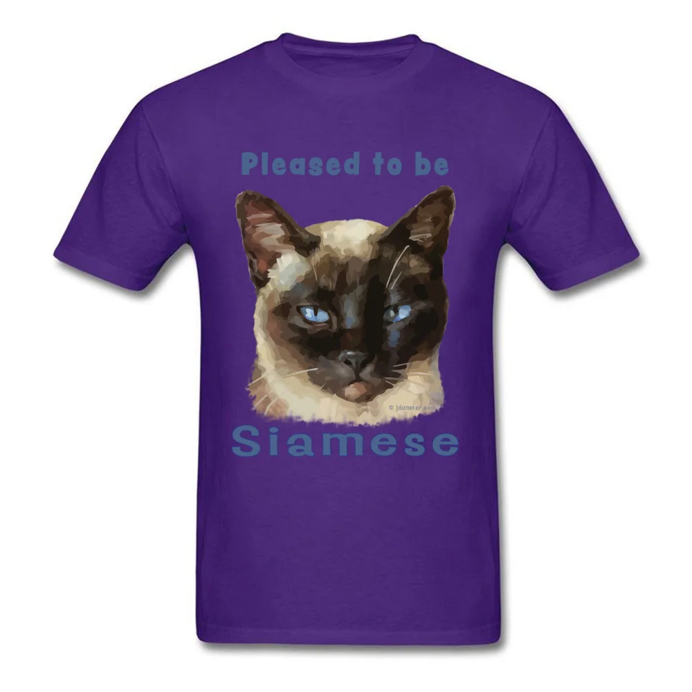 Printed On All Cotton Men Short Sleeve T Shirt Personalized Summer Tshirts Summer T-Shirt Graphic O-Neck Wholesale Pleased to be Siamese Smug looking Siamese Cat purple