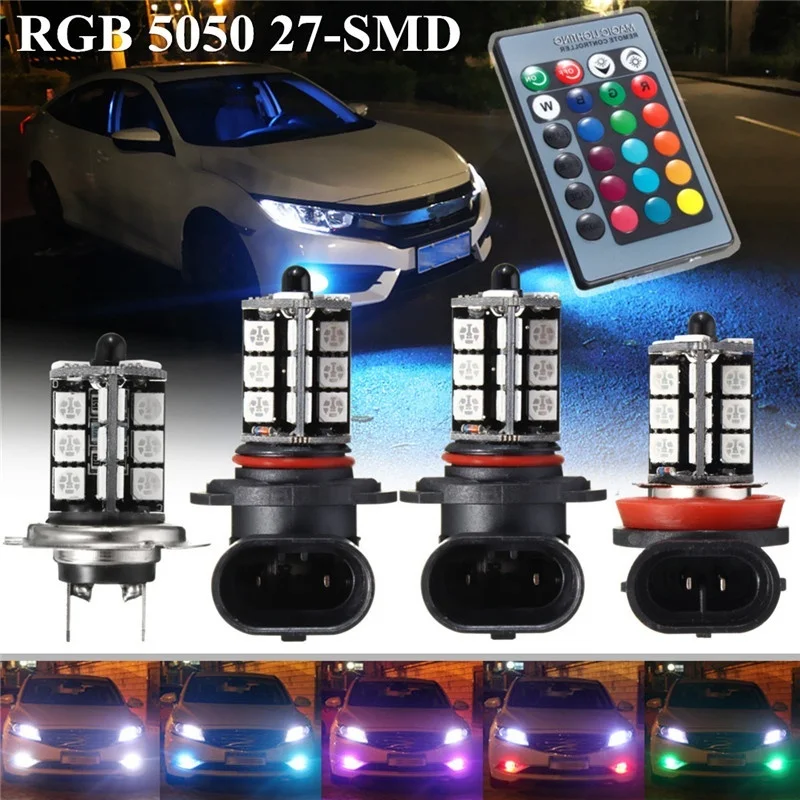 

QCDIN 2Pcs Car Signal Lamp RGB 5050 LED Car Fog Light Reverse Light Bulb with Remote Control DC 12V H4 H7 H8/H11 9005 9006