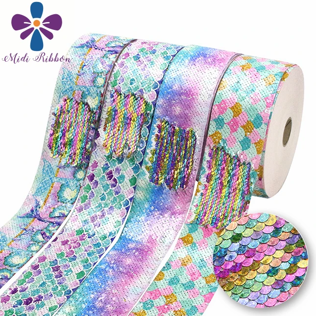 3"75mm Scale Series Mermaid Tail Colorful Galaxy Printed Double Reversible Hologram Rainbow Sequin Ribbon DIY Hair Bows 46yards
3"75mm Scale Series Mermaid Tail Colorful Galaxy Printed Double Reversible Hologram Rainbow Sequin Ribbon DIY Hair Bows 46yards