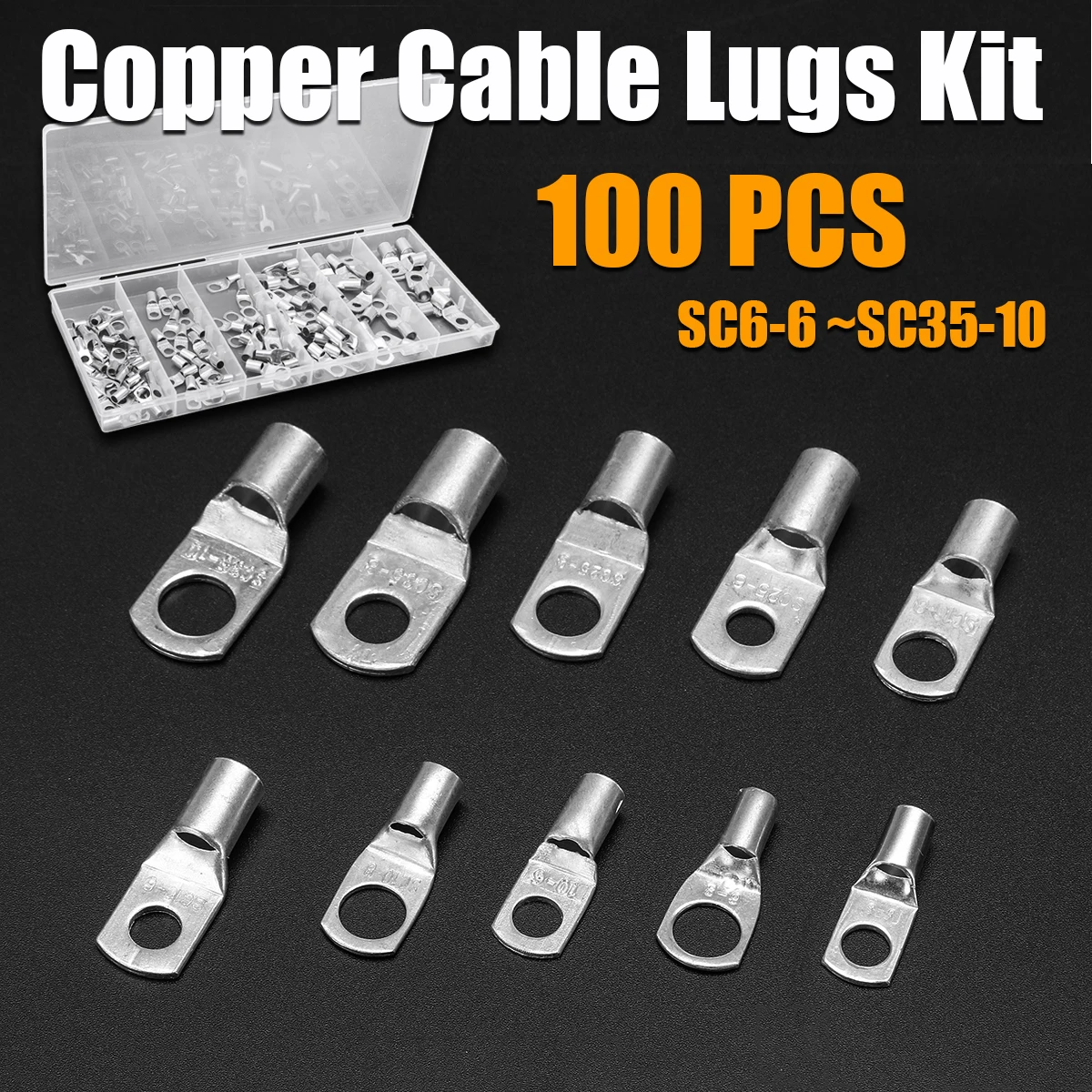 100Pcs Copper Cable Lugs Kit SC6-6 ~SC35-10 Electrical Terminal Block Wire Connectors Cable Lug Set for Electrical Equipment
100Pcs Copper Cable Lugs Kit SC6-6 ~SC35-10 Electrical Terminal Block Wire Connectors Cable Lug Set for Electrical Equipment