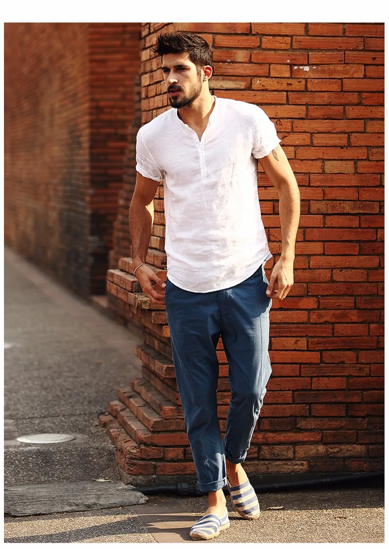 Simwood 2019 New Arrival Summer Short-sleeved Shirts Men 100% Linen White Solid Color Slim Fit Plus Size Collarless Tops CS1534 19