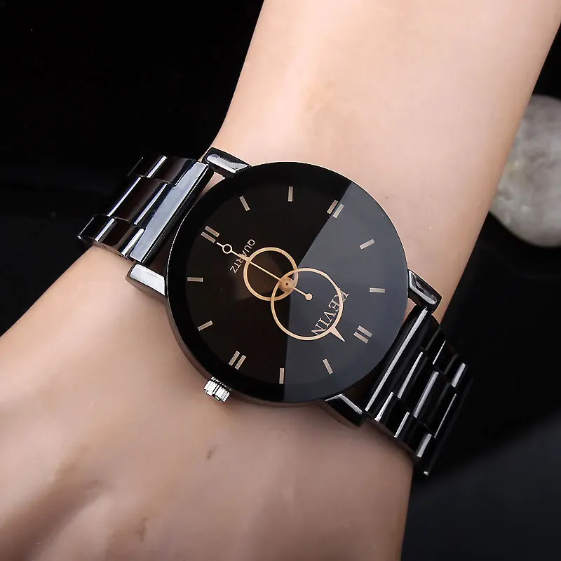 Кварцевые наручные часы с черным круглым циферблатом из нержавеющей стали