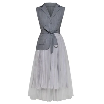 2019 Summer Fake Two Piece Business Wear Solid Casual Simple Notched Sleeveless Lacing Patchwork Mesh Graceful Woman Midi Dress
2019 Summer Fake Two Piece Business Wear Solid Casual Simple Notched Sleeveless Lacing Patchwork Mesh Graceful Woman Midi Dress