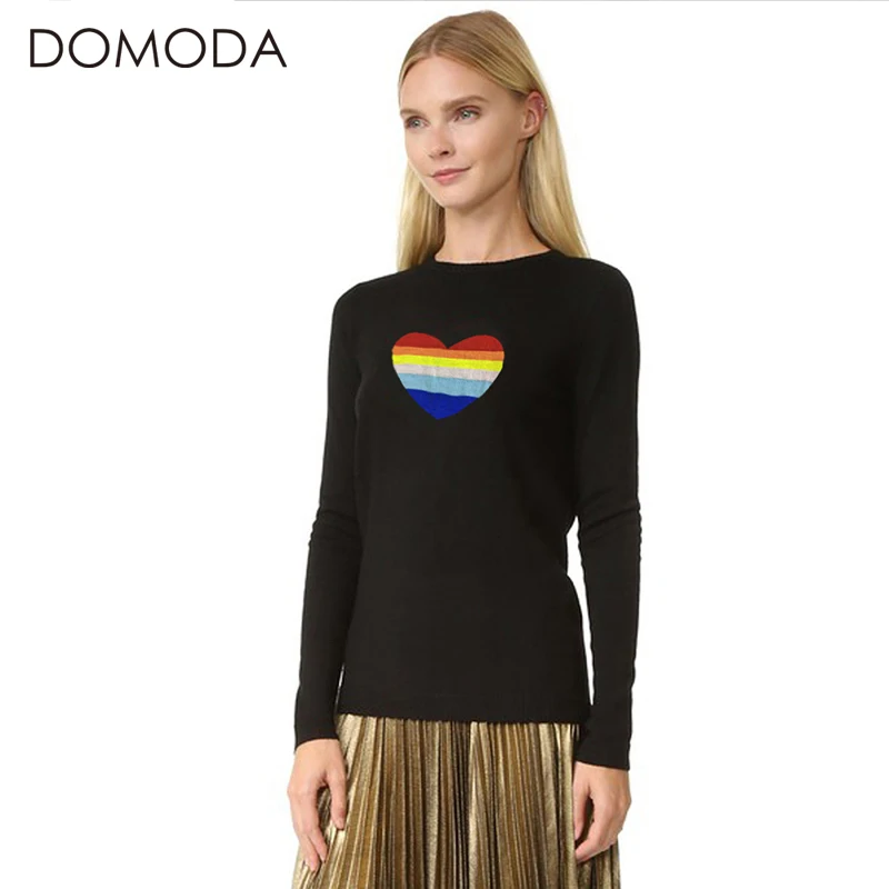 Image DOMODA Women Fashion Sweaters Solid Black Crew Neck Long Sleeve Sweater Rainbow Heart Print Female Tops Knitted Pullovers