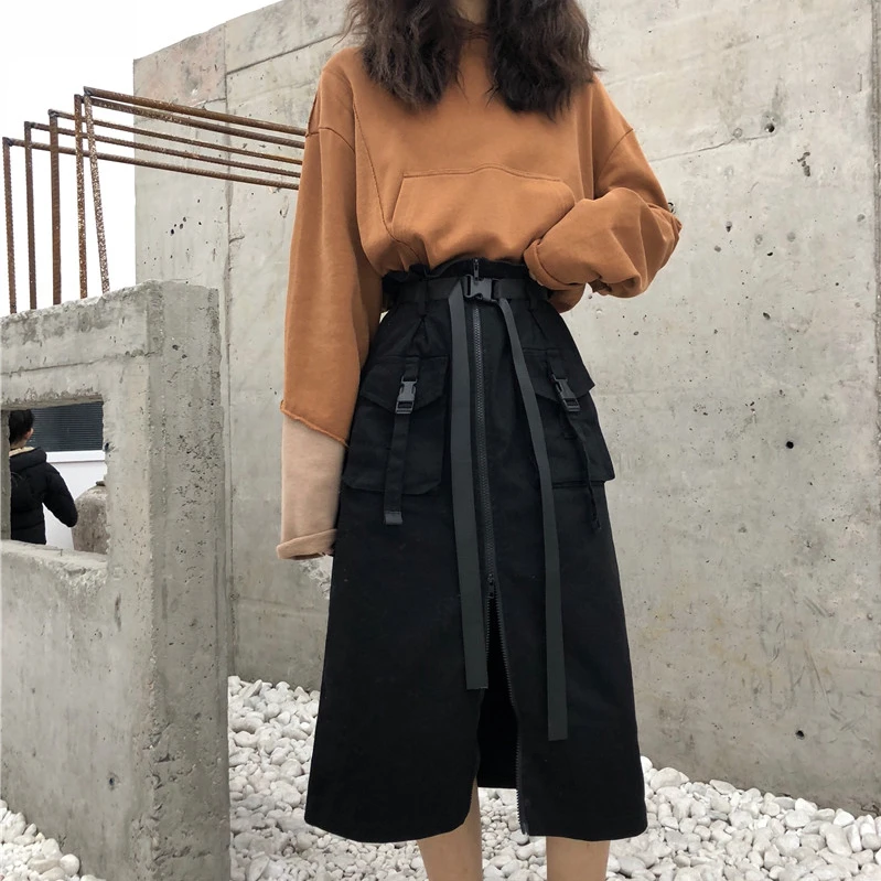 High Waist Cargo Buckle Belt Pocket Front Zipper Split A-Line Khaki Black Midi Long Skirt Streetwear Harajuku Punk Korean Women
High Waist Cargo Buckle Belt Pocket Front Zipper Split A-Line Khaki Black Midi Long Skirt Streetwear Harajuku Punk Korean Women