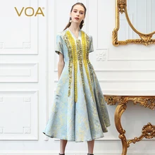 VOA seda Jacquard plisado vestido de fiesta Mujer talla grande 5XL vestidos largos cuello en V Slim manga corta Vintage volantes de lujo otoño A335(China)