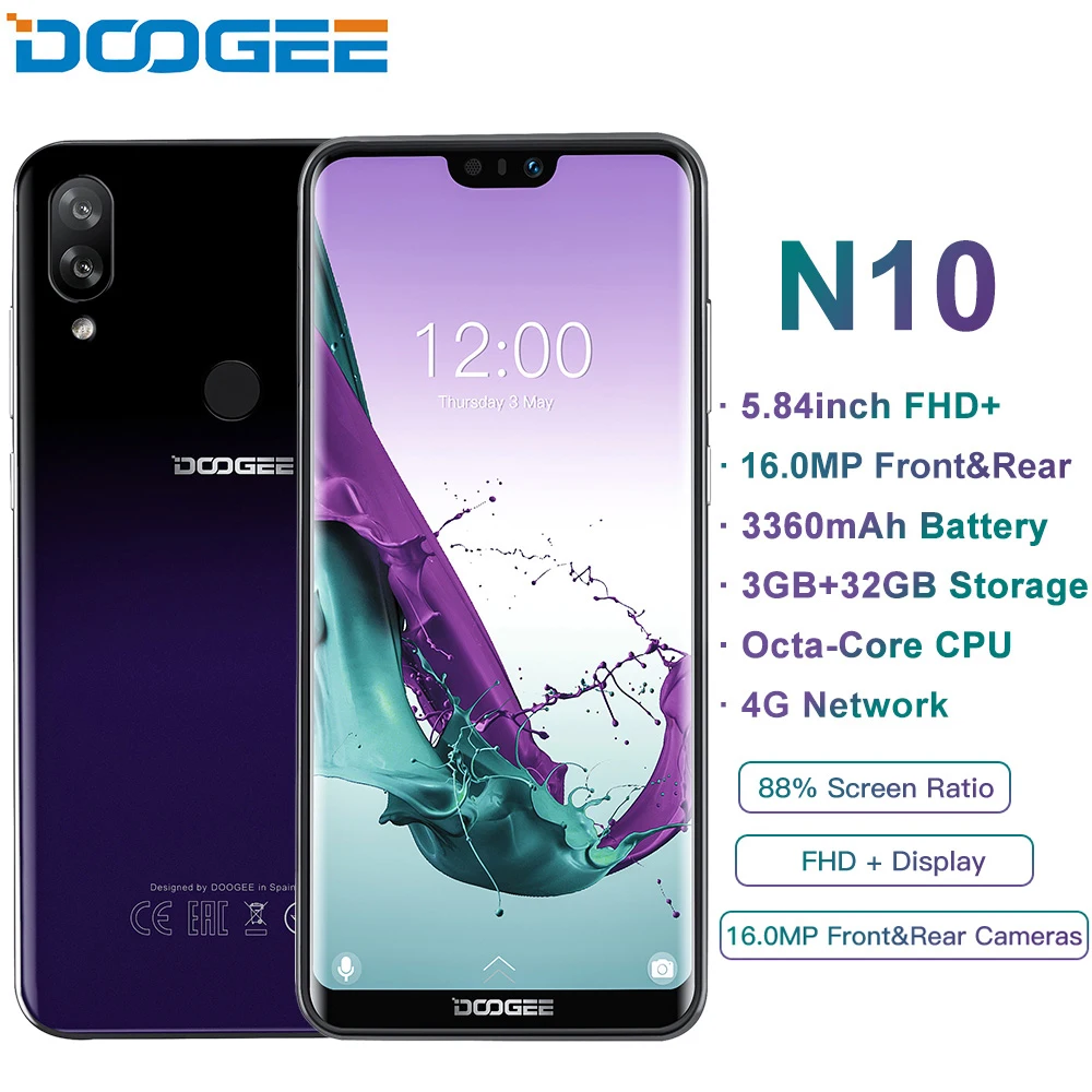 DOOGEE N10 mobile Phone Octa-Core 3GB RAM 32GB ROM 5.84inch FHD+ 19:9 Display 16.0MP Face Unlock 3360mAh Android 8.1 4GLTE
DOOGEE N10 mobile Phone Octa-Core 3GB RAM 32GB ROM 5.84inch FHD+ 19:9 Display 16.0MP Face Unlock 3360mAh Android 8.1 4GLTE