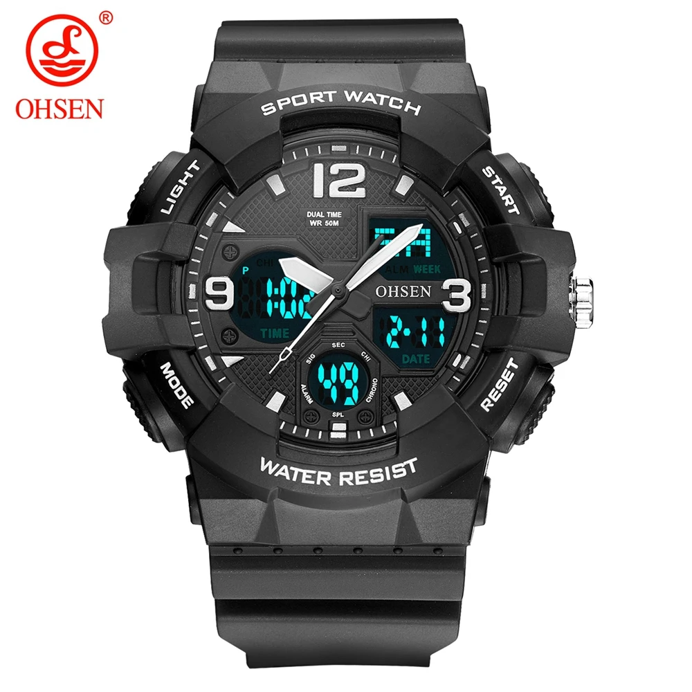 Фото New OHSEN Black Fashion Digital Quartz Men Wristwatch Rubber strap 50M Waterproof Military LED Watches relogio masculino | Наручные часы