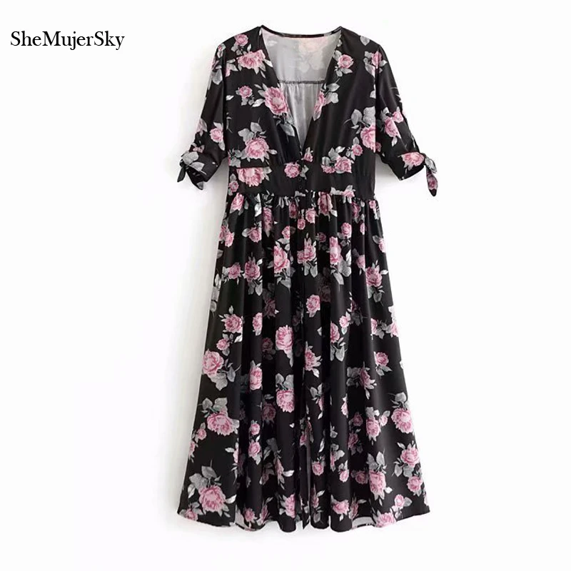 SheMujerSky Black Flower Midi Dress Autumn Short Sleeve V-neck Floral Dresses Women Elegant vestidos mujer 2018
SheMujerSky Black Flower Midi Dress Autumn Short Sleeve V-neck Floral Dresses Women Elegant vestidos mujer 2018