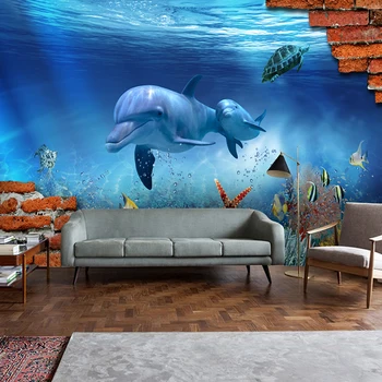

Custom Any Size 3D Stereoscopic Underwater World Dolphin Starfish Turtle Brick Wall Mural Background Photo Wallpaper De Parede