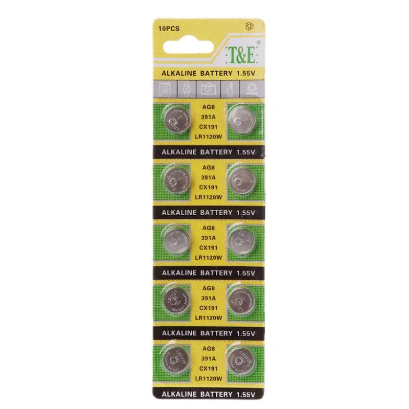 2019 New 10PCS Watch Battery AG8 1.55V Li-ion Button Coin Cell Batteries LR1120 391 SR1120 191 LR55 Toys Remote Camera CPU
2019 New 10PCS Watch Battery AG8 1.55V Li-ion Button Coin Cell Batteries LR1120 391 SR1120 191 LR55 Toys Remote Camera CPU